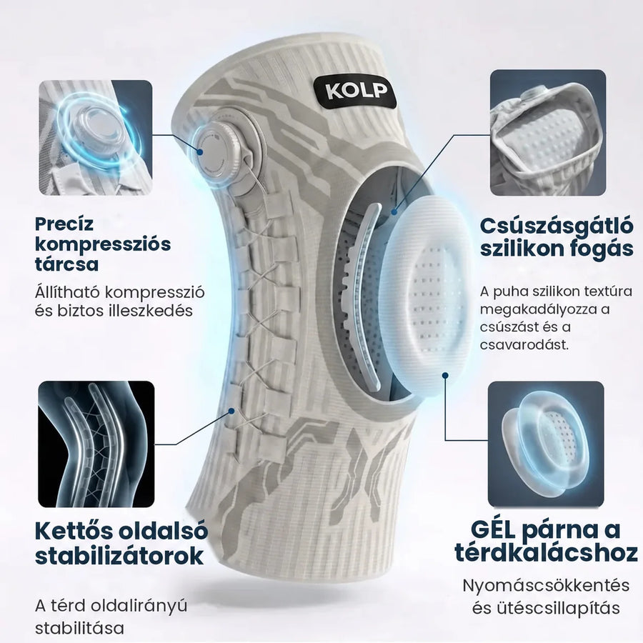 KOLP Flex funkciói – precíz kompressziós tárcsa, kettős oldalsó stabilizátor, csúszásgátló szilikon, gélpárna a térdkalácshoz