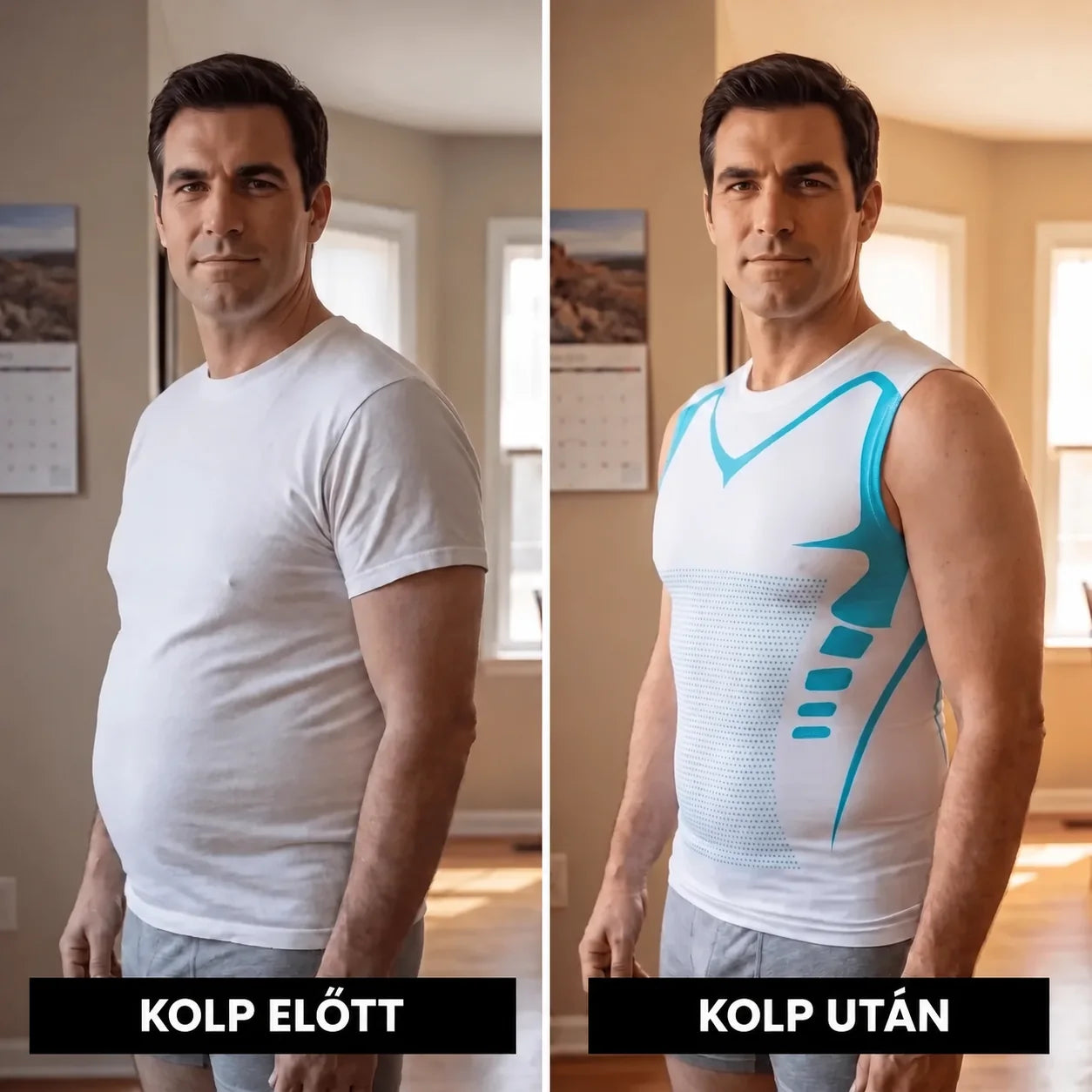Before and after KOLP Fit in a white compression shirt